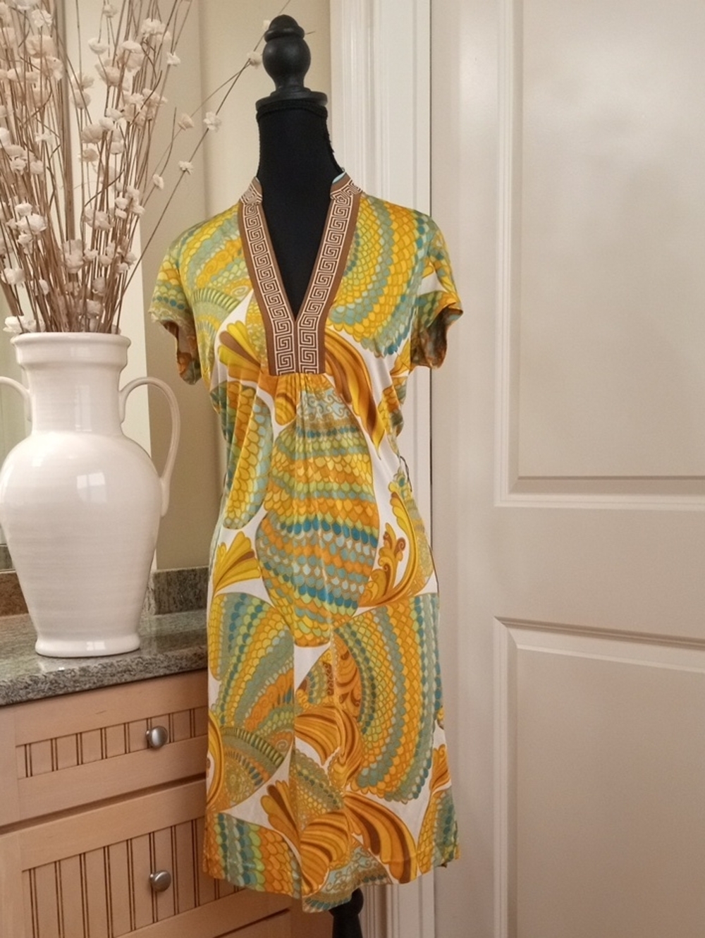 Trina Turk Yellow, Green & Blue V-Neck 100% Silk Midi Dress. Size 4